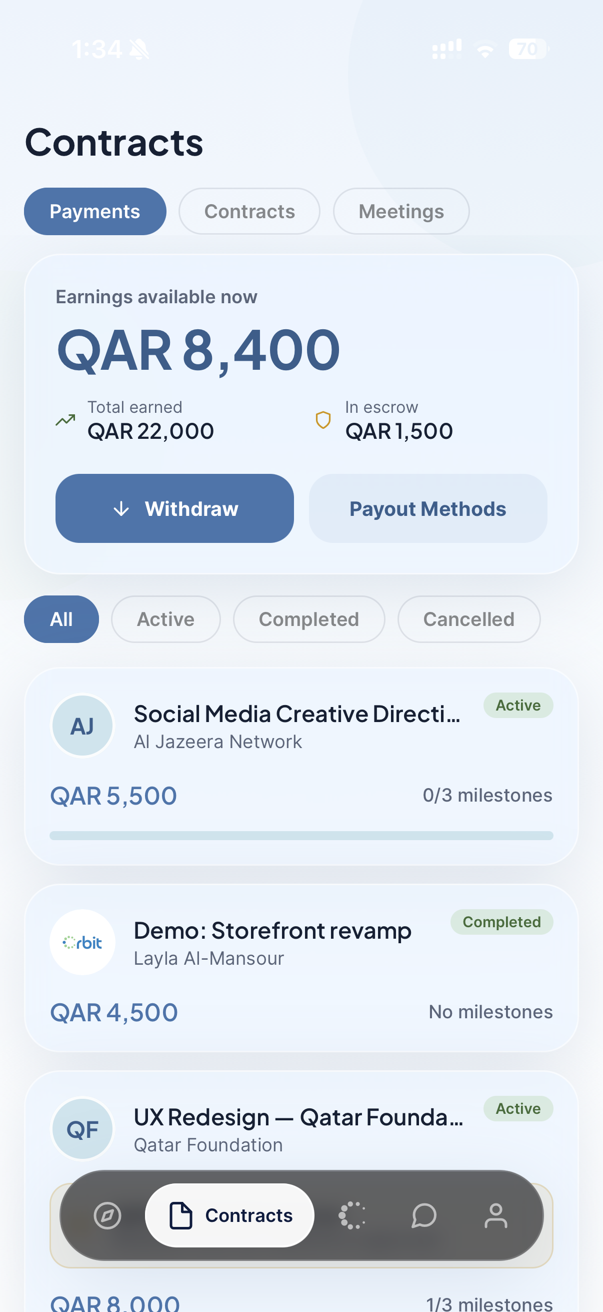 Orbit Contracts and Payments screen with QAR milestones