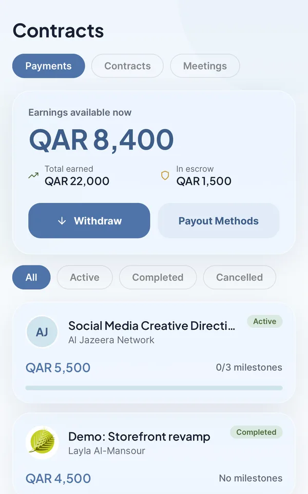 Contracts — QAR 8,400 earnings dashboard