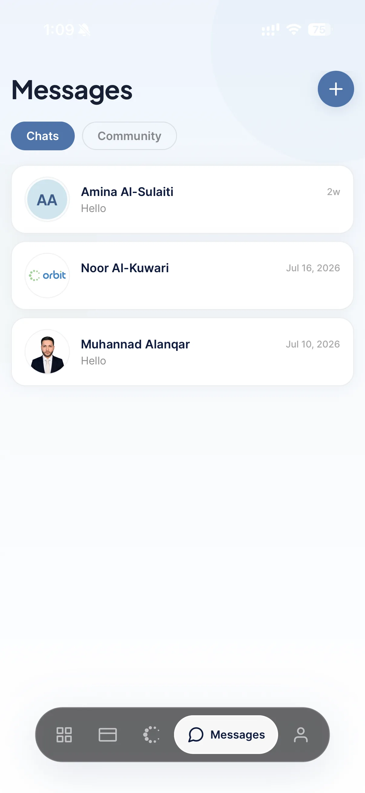 Orbit Messages screen with chats and community
