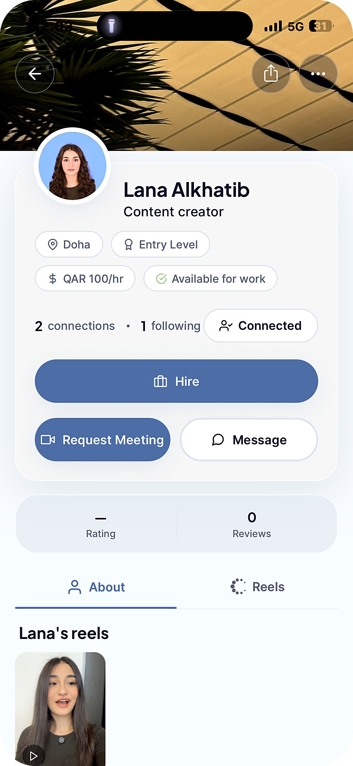 Lana Alkhatib’s Orbit profile: Doha, available for work, with Hire and Request Meeting buttons
